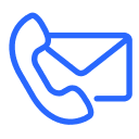 "Icone bleue représentant un téléphone et une enveloppe, symbolisant le contact par téléphone et par email."
