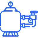 Icone bleue représentant un filtre avec des tuyaux, symbolisant un système de filtration.