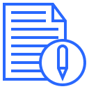 "Icone bleue représentant une feuille de papier avec des lignes de texte et un crayon, symbolisant la rédaction d'un nouvel article de blog."