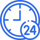 "Icone bleue représentant une horloge avec le nombre 24, symbolisant un service disponible 24 heures sur 24."