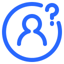 "Icone bleue représentant une silhouette de personne avec un point d'interrogation, symbolisant une foire aux questions."