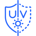 "Icone bleue représentant un bouclier avec le texte 'UV' et un symbole de soleil, symbolisant la protection contre les rayons ultraviolets."