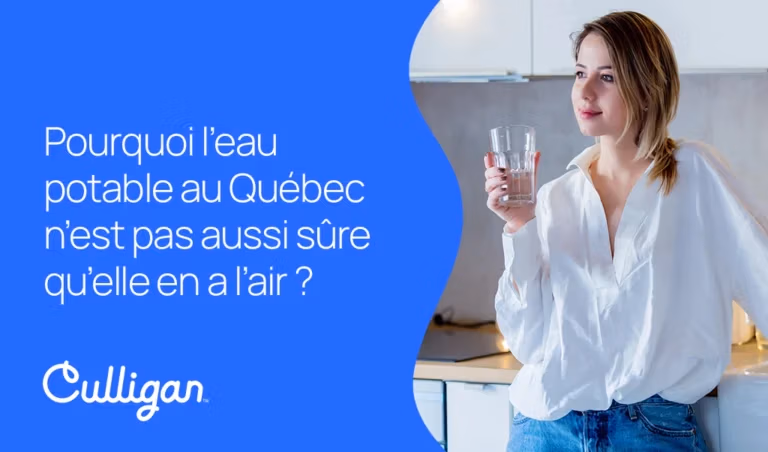 sécurité de l’eau potable, qualité de l’eau potable au Québec, femme et verre d’eau, filtration d’eau Culligan, risques eau potable, purifier l’eau du robinet, eau de cuisine, solutions d’eau Culligan.