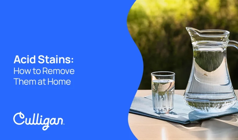 Image showing a glass of water. The text reads: Acid stains: how to eliminate them at home.